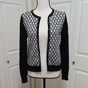 Lord & Taylor Merino Wool Cardigan Sweater Geometric Black White Design PM